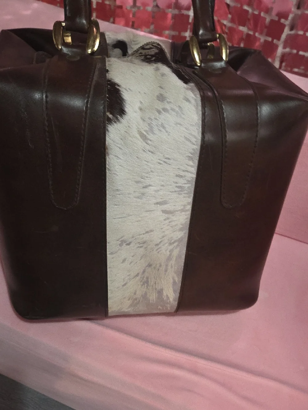 Brown Leather & Cream Haircalf Tote Bag Handmade